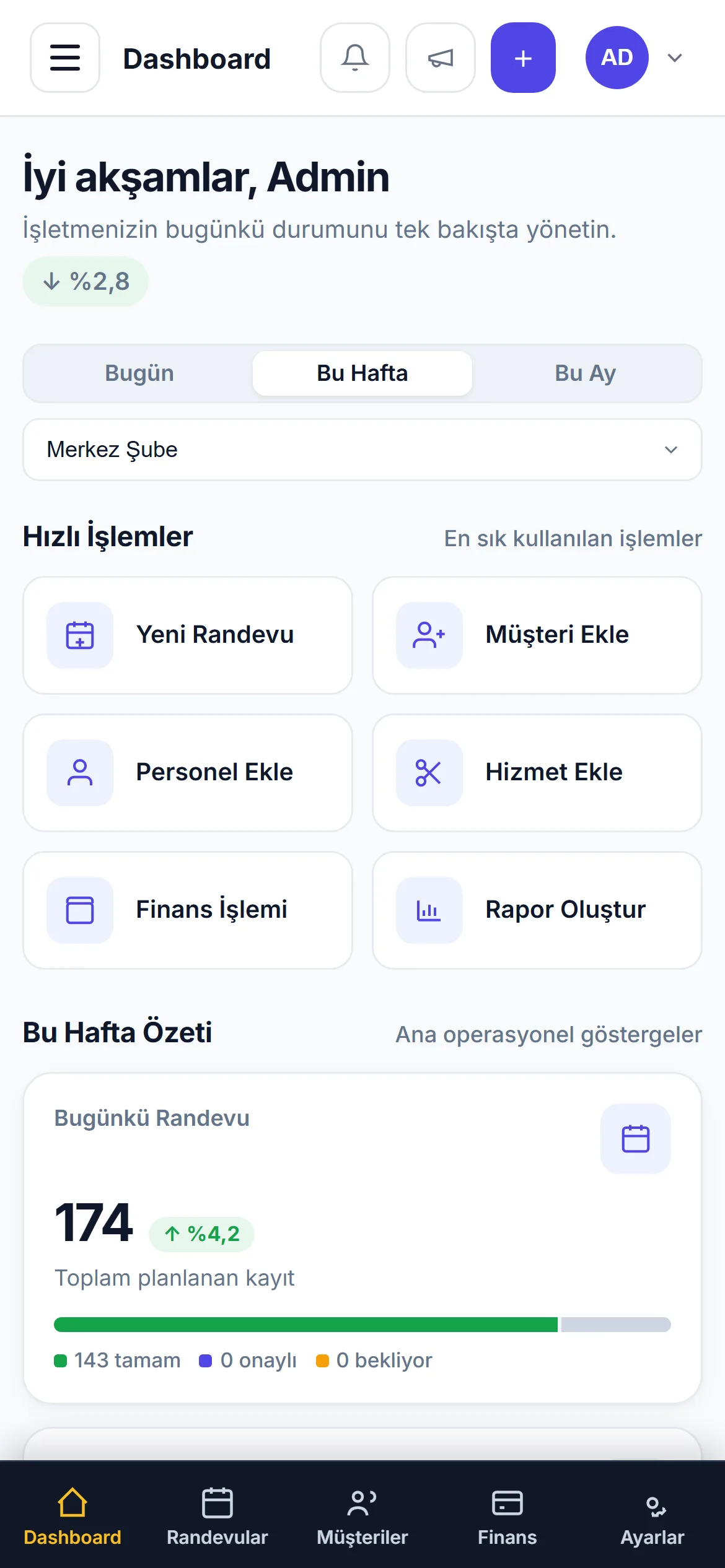 SalonBusiness mobil uygulaması: günlük randevu listesini gösteren telefon ekranı